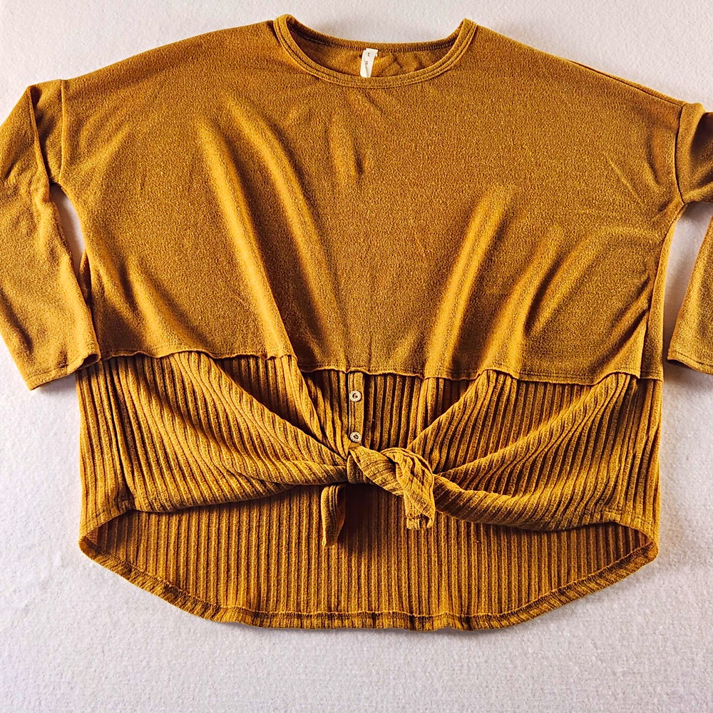 Dark Gold Solid Knit Round Neck Top Button Accents Tie Front 3/4 Sleeve Size M